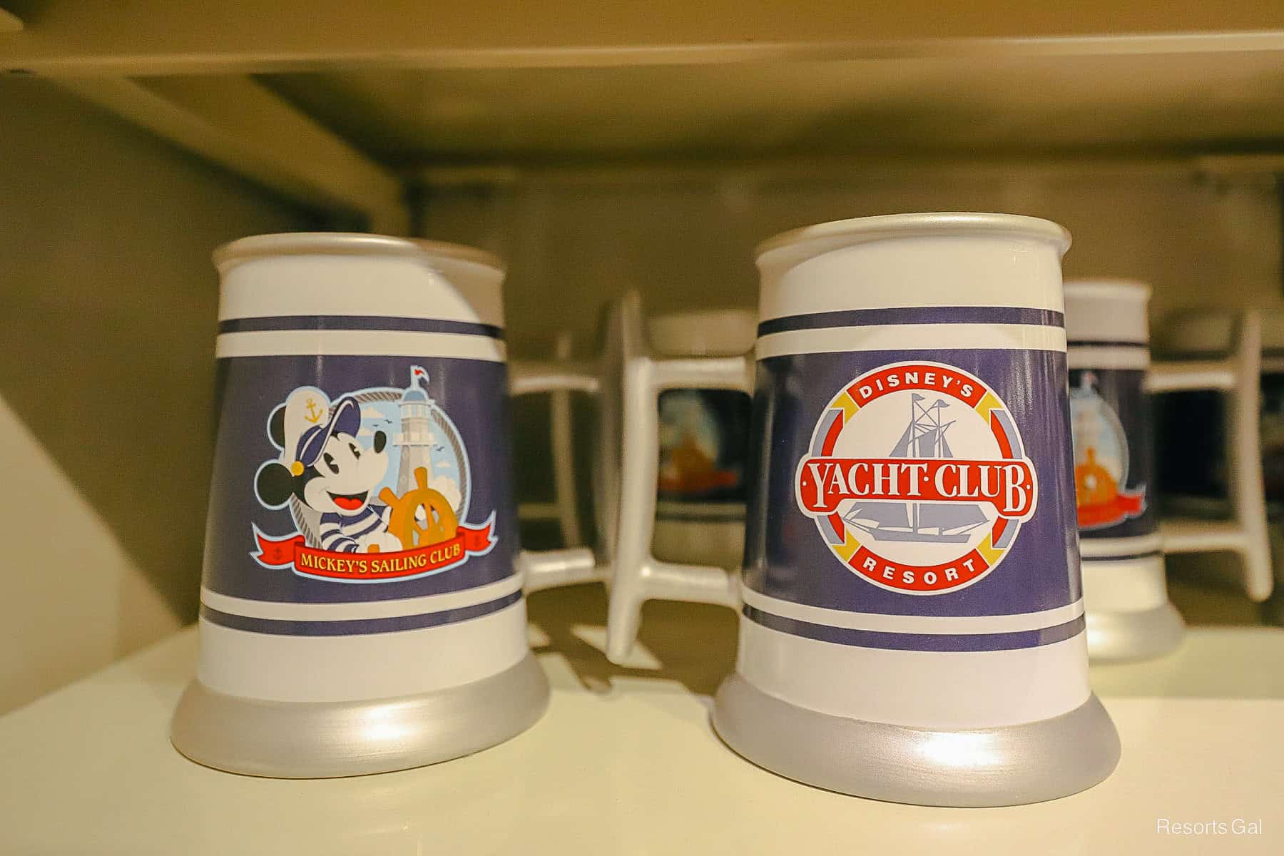 Yacht Club Resort stein mug with Mickey as a captain on one side and the resort logo on the opposite 